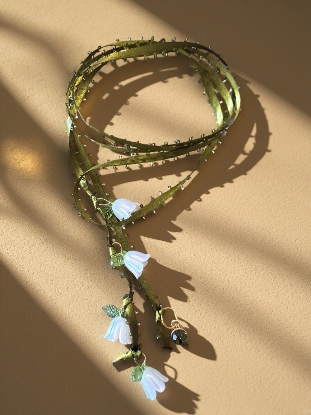 Sage Green Double Sided Satin Ribbon Lily of the Valley Necklace